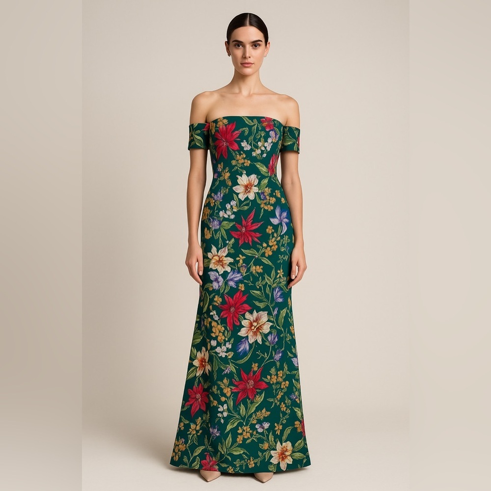 Sachin + Babi Galiana Off-The-Shoudler Green Floral Strapless Gown 💚0, 2, 6, 10 - Picture 2 of 12